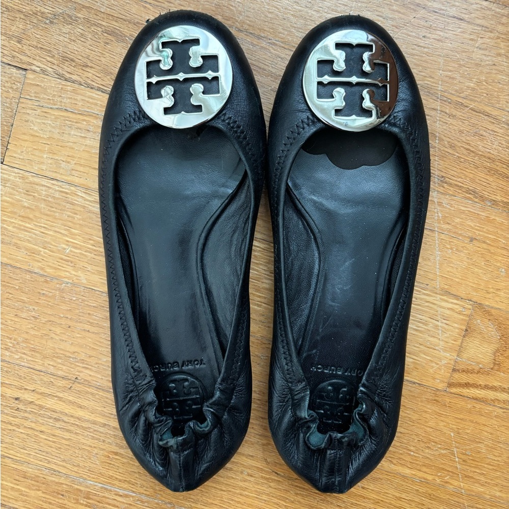 Tory Burch Black Leather Flats with Silver Logo
